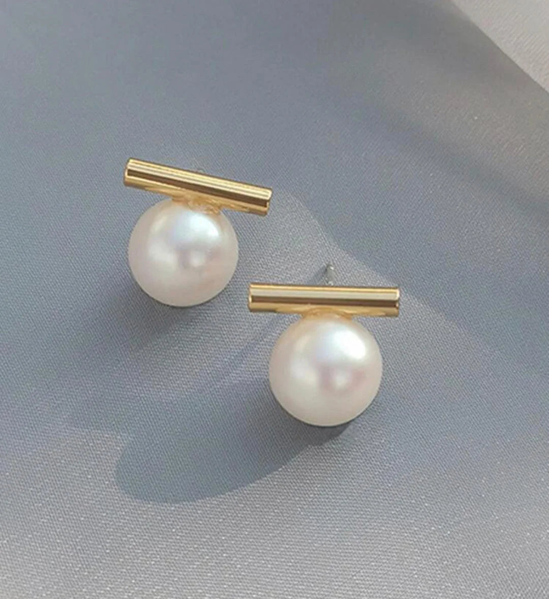 Golden Bar Pearl Drop Stud Earrings
