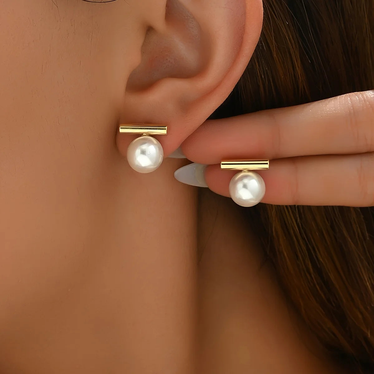 Golden Bar Pearl Drop Stud Earrings