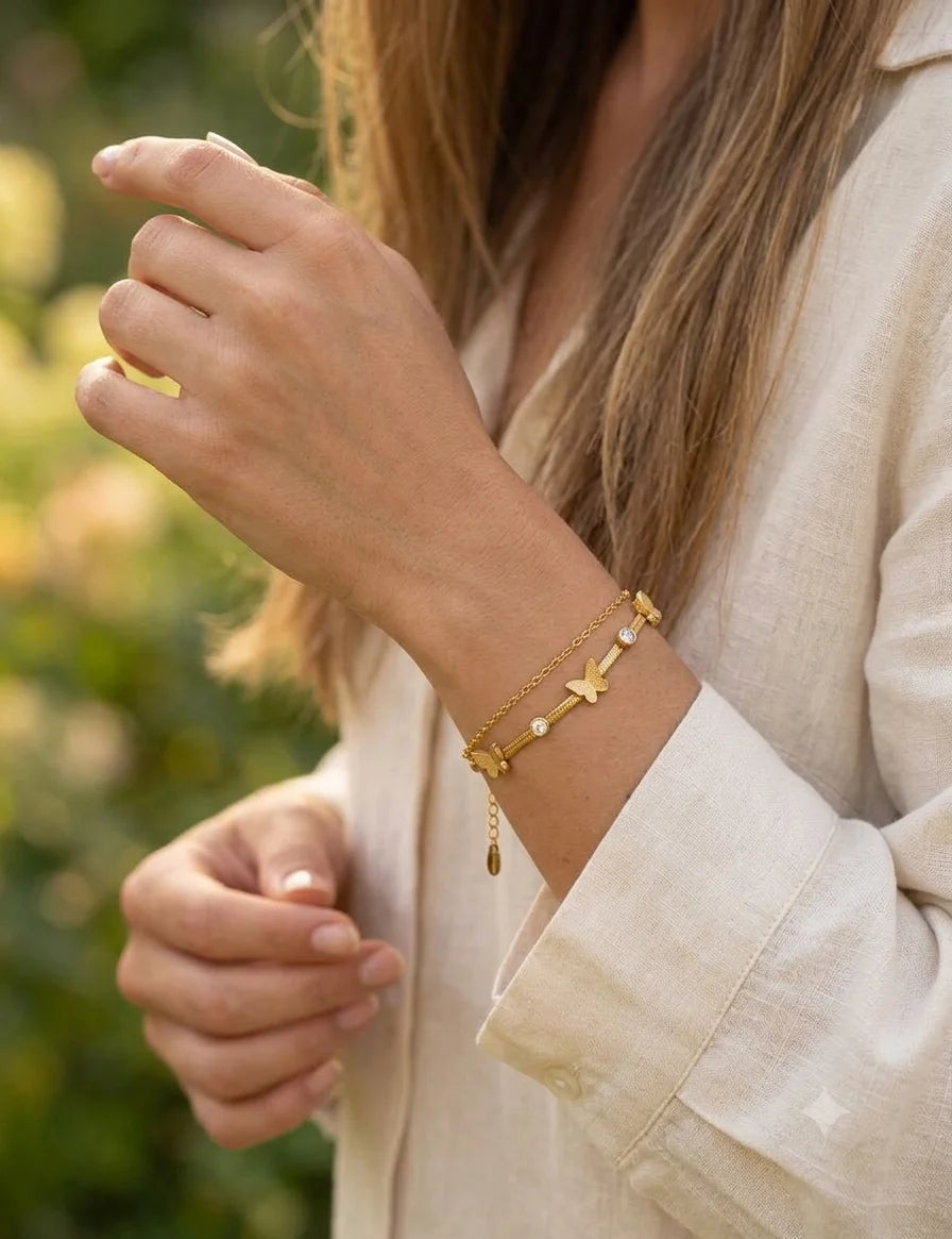 Golden Butterfly Charm Double Layer Bracelet