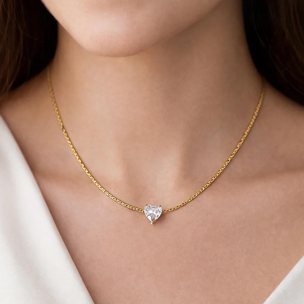 Anti Tarnish Chain Pendant (Heart Shape Crystal)