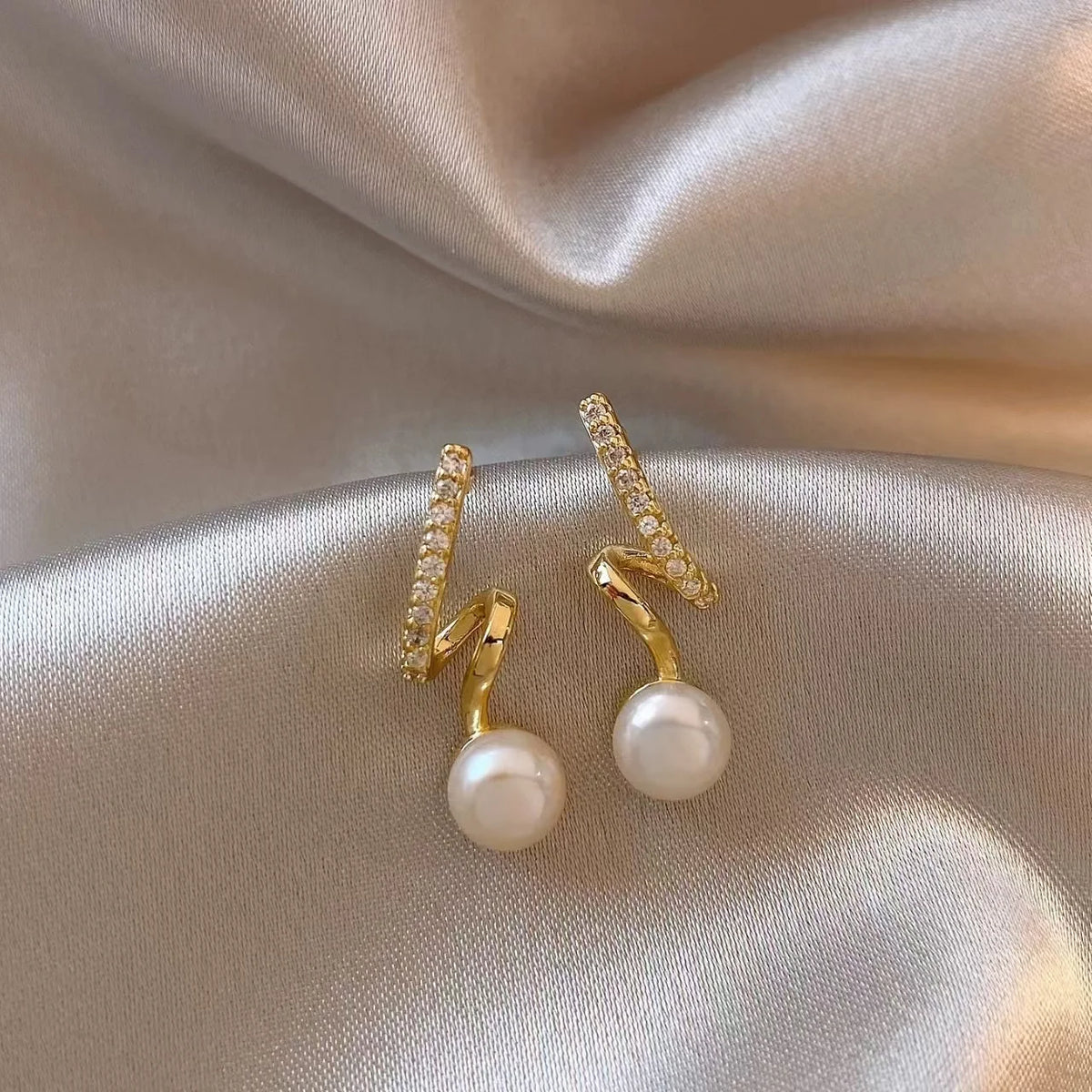 Golden Crystal Spiral Pearl Drop Earrings