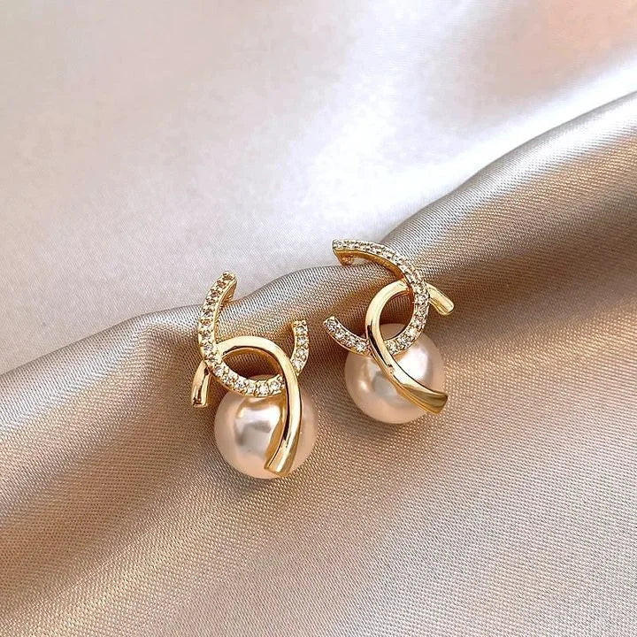 Golden Crystal Swirl Pearl Stud Earrings