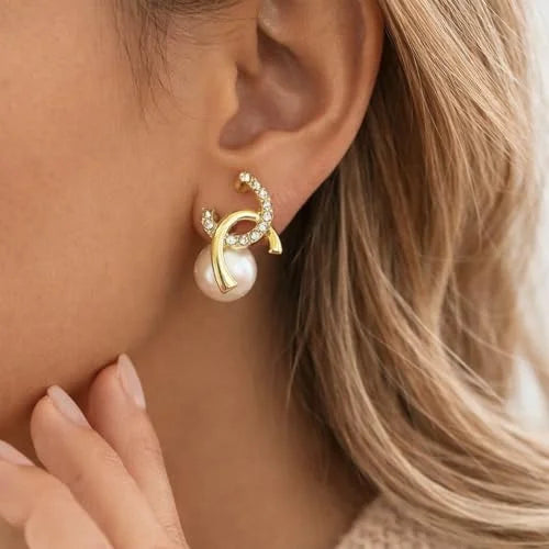 Golden Crystal Swirl Pearl Stud Earrings