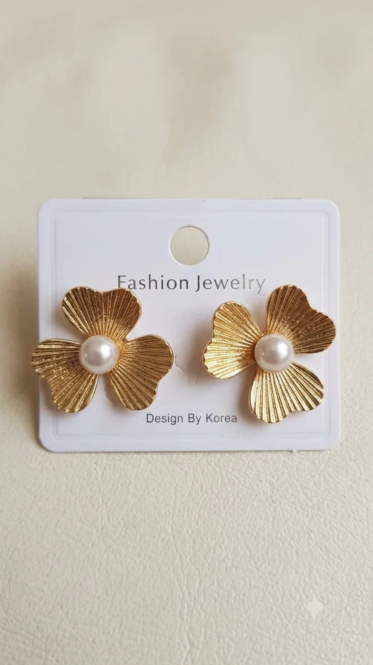 Golden Textured Four Petal Pearl Flower Stud Earrings