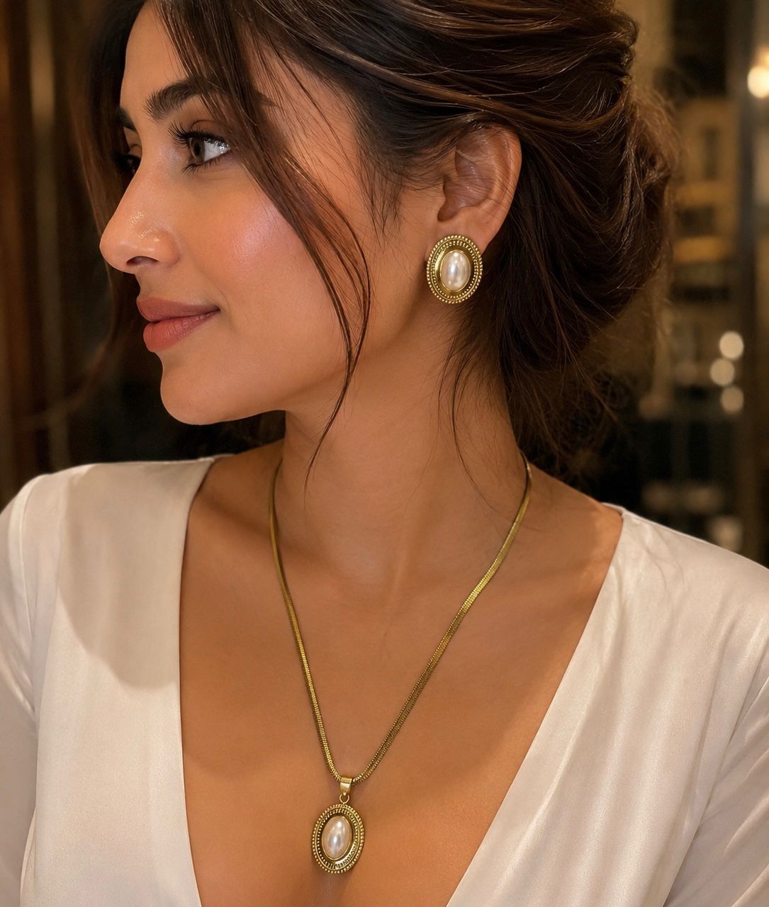 Oval pearl Earring with necklace combo set.